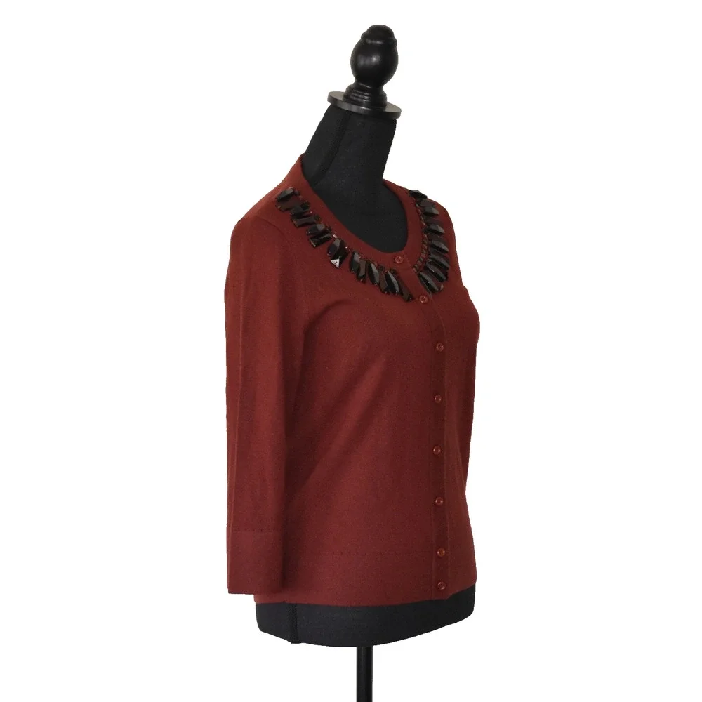 B0 Auth KATE SPADE Burgundy Wool/Cashmere Tiered Crystal & Bead Cardigan Size M